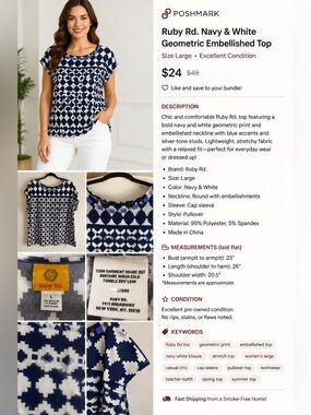 Ruby Rd. Navy and White Geometric Short-Sleeve Tee with Embellished Neckline